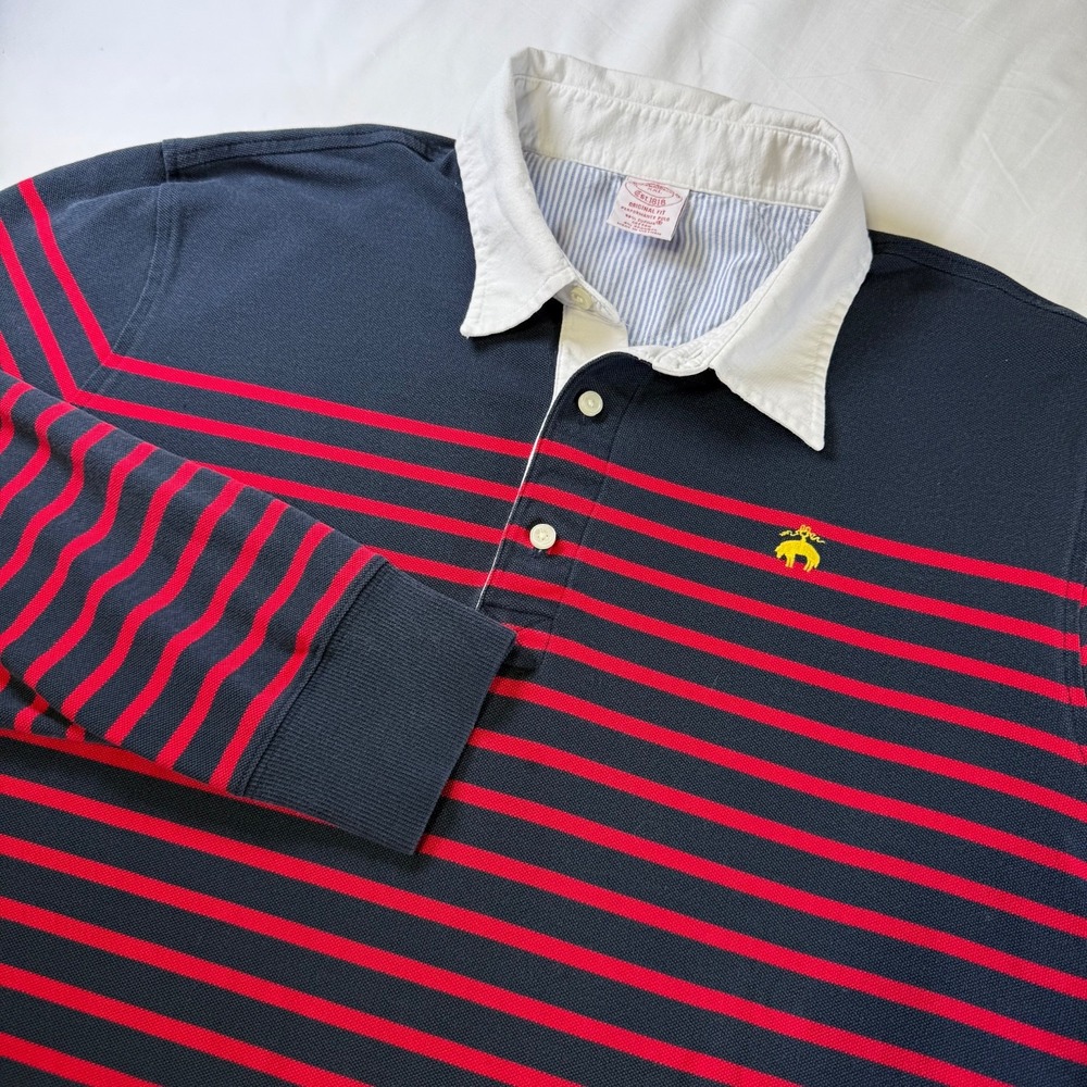 Brooks Brothers Performance Polo Shirt Men's XXL Mariner Stripe White Collar L/S